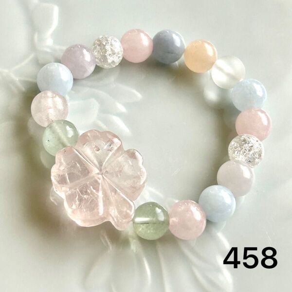 No.458 天然石ブレスレット パワーストーン ハンドメイド 虹入りクローバー ローズクォーツ