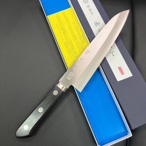 ★新品送料込★堺菊守ステンレスゴールド鋼本割込牛刀包丁180mm銅巻口金両刃化粧箱入り舟行型三徳包丁