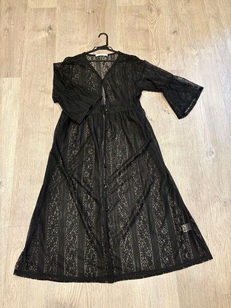 黒 総レース ロングカーディガン