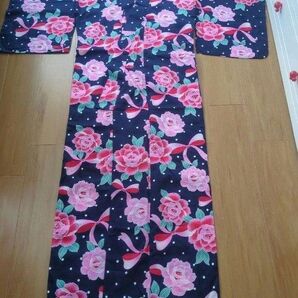 ネイビー 薔薇 ローズ リボン ドット柄 浴衣