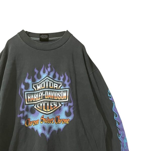 ハーレーダビッドソン tシャツ L バーシールド 袖ファイヤーパターン ロンT HARLEY