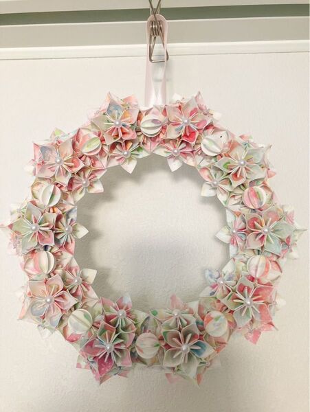 和紙 花の折り紙リース ハンドメイド 一点物