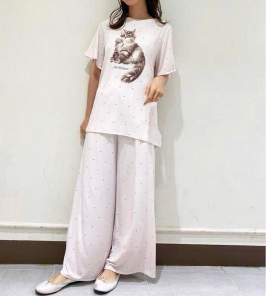 ジェラートピケ catドット柄ワンポイントTシャツ&ドット柄ロングパンツセット