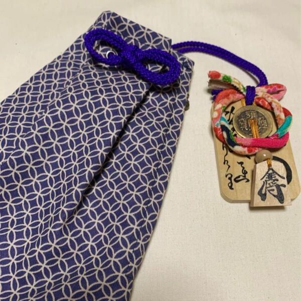 腰下げ祭り巾着 青紫色 七宝柄