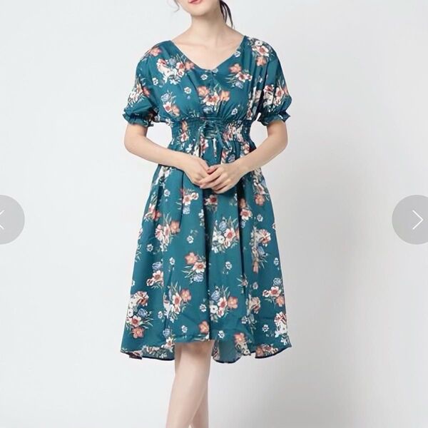 小花柄シャーリングワンピース グリーン M