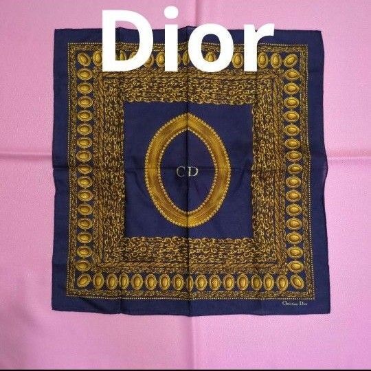 Christian Dior ハンカチ スカーフ CDロゴ チェーン柄 ネイビー