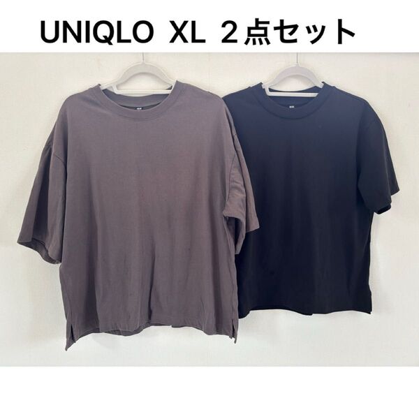 【XL】ユニクロエアリズムコットン半袖T&オーバーサイズT5分袖2点セット 半袖Tシャツ ブラック カットソー 無地
