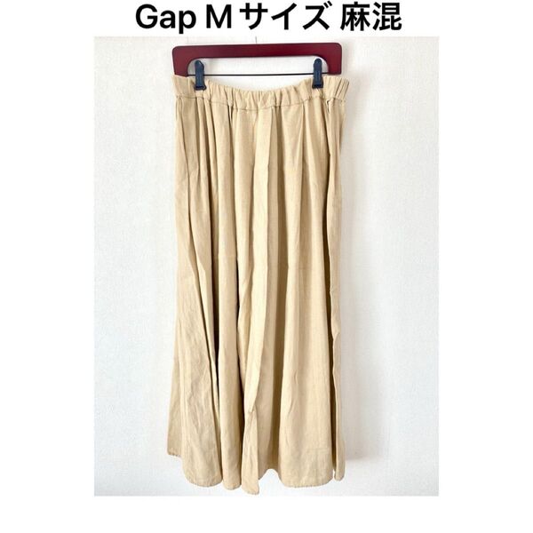 【M】ギャップウエストゴム麻混ロングスカート ナチュラルリネン丈長めトール 無地