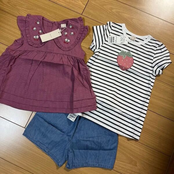 新品 プティマイン 130cm ショートパンツ 半袖Tシャツ トップス チュニック いちご デニム さくらんぼ 女の子 キッズ