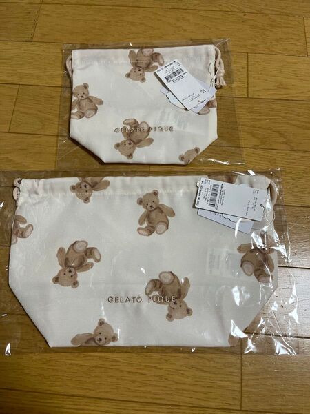 新品 ジェラートピケ ポーチ 巾着S 巾着M テディベア くま 巾着袋 コップ袋 お弁当袋 セット キッズ 袋 バック