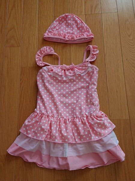 未使用 ドーリーリボン 水着 キャップセット 130 女の子 ピンク ドット