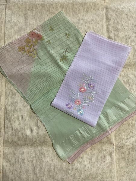 【夏用】 正絹帯揚げ 刺繍半衿 美品 夏用帯揚げ 夏用半衿 ピンク グリーン パープル 絽