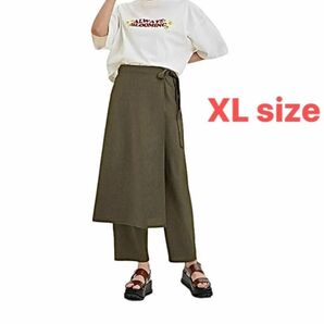 値下!新品タグ付【GU/ジーユー】お洒落♪スカート付ワイドパンツ/カーキ/XL/ラップパンツ/スカートパンツ/変形パンツ パンツ