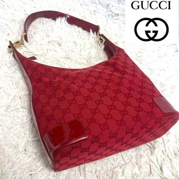 【良品】GUCCI グッチ GG柄 ショルダーバッグ 赤 キャンバス エナメル 001・4204・3444