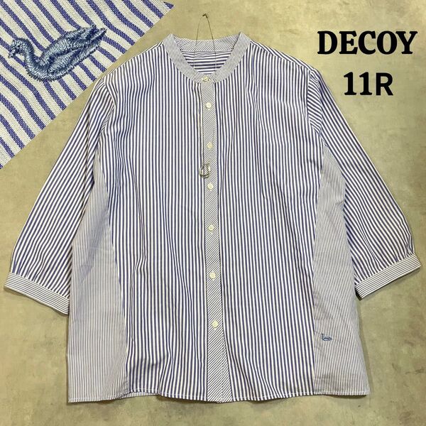 DECOY 大きいサイズ ブラウス ストライプ バンドカラー ロゴ パールボタン L-XL