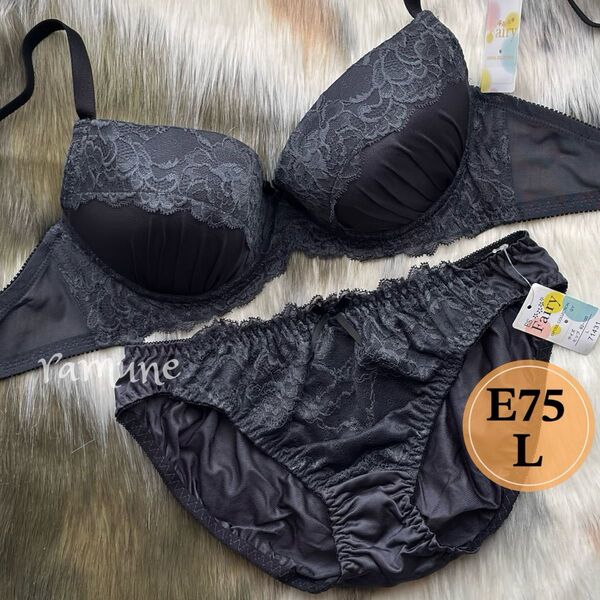【E75/L グレー系 上下】新品 ブラ&ショーツ ブラジャーショーツ パッド付き 立体カップ 寄せ上げブラ レース Eカップ
