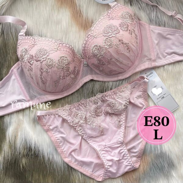 ラスト【E80/L ピンク】新品 ブラ&ショーツ ブラジャーショーツ パッド付き セクシーパンティ ラメ バラ刺しゅう Eカップ