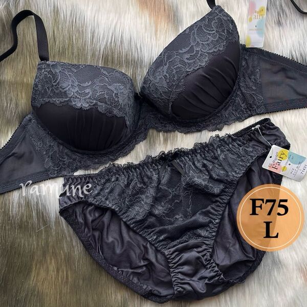 【E75/L グレー系 上下】新品 ブラ&ショーツ ブラジャーショーツ パッド付き 立体カップ 寄せ上げブラ レース Eカップ