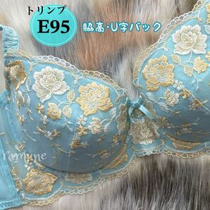 【トリンプ E95 ブルーグリーン】新品 Triumph ブラジャー 脇高 花柄刺しゅう 巨乳 女装 大きいサイズ Eカップ