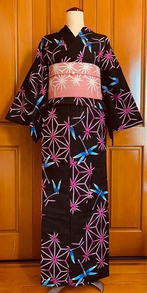 麻の葉とトンボの柄の浴衣と半幅帯 とんぼ玉つき帯締め 花火大会夏祭り浴衣デート