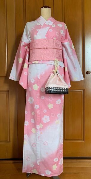 川島織物 桜グラデーションの浴衣と荒川のつくり帯と帯締めカゴ巾着のセット 主役級ピンク 浴衣デート