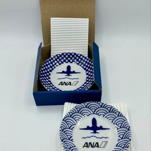 ANA 豆皿 2枚セット 青色 チェック柄 青海波模様 未使用