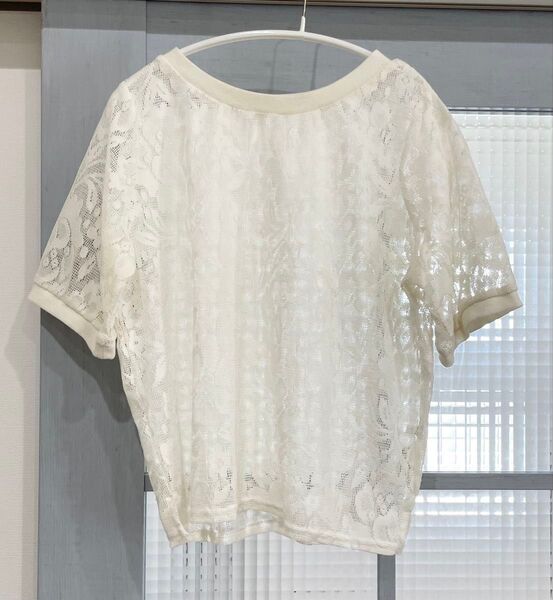 花柄レース 半袖トップス ブラウス Tシャツ ホワイト M