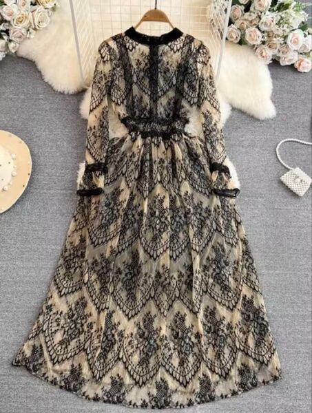 【クーポン¥500オフ】ロングワンピース ドレス レース 黒 ベージュ 結婚式 お呼ばれ