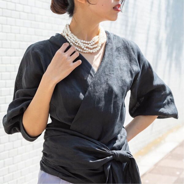極美品 ヴェルメイユパーイエナ カシュクールシャツ リネン100% ブラック