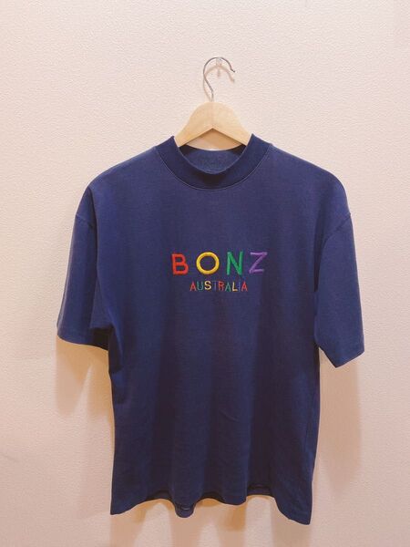 美品◇BONZ 90's◇Tシャツ シングルステッチ 刺繍 ネイビー ビンテージ◇半袖 カットソー クルーネック 紺色