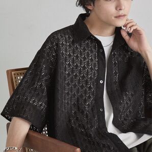 mono-mart レースシャツ メンズ 総柄シャツ 透かし柄 ブラック