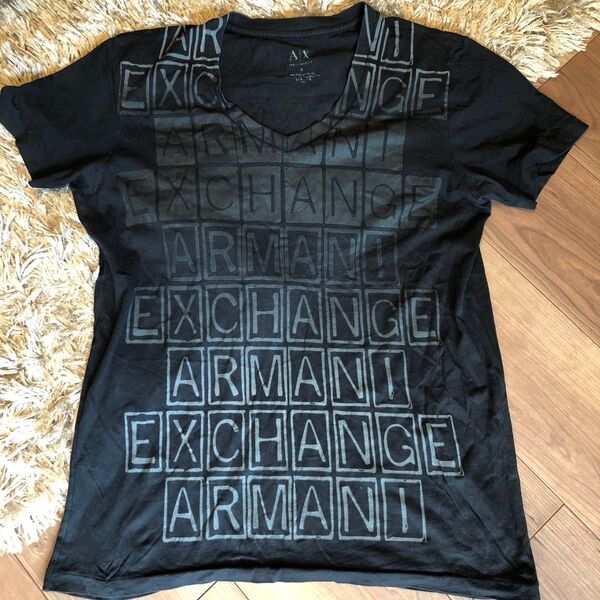ARMANI EXCHANGE ◆Tシャツ Sサイズ ロゴプリント アルマーニエクスチェンジ Vネック 傷あり