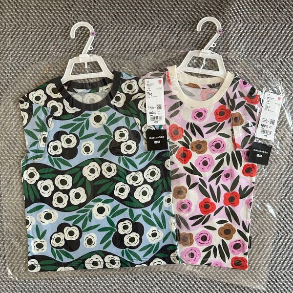 新品 ユニクロ マリメッコ コラボ Tシャツ 100cm 半袖 2枚セット キッズ UNIQLO 花柄 トップス 総柄tシャツ