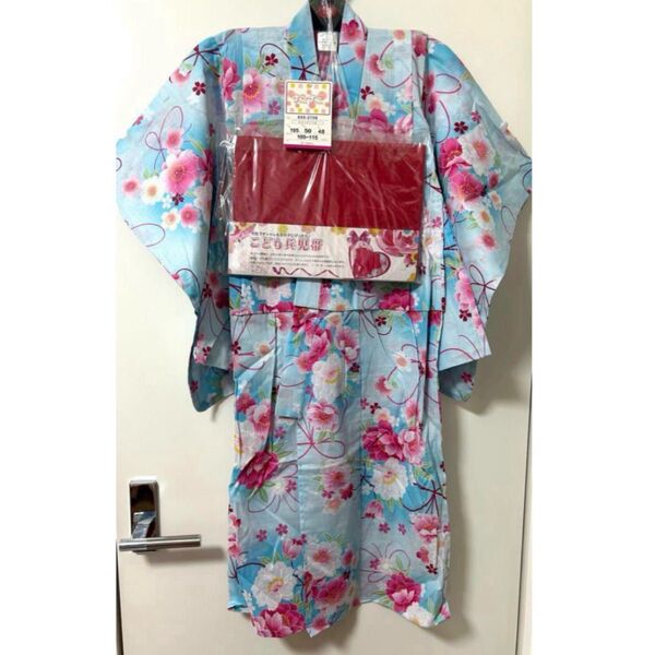 【新品タグ付き】浴衣 へこ帯 セット 水色 花柄 110cm 女の子