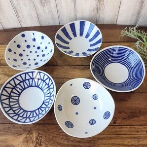 【5個】新品 日本製 波佐見焼 藍玉 小鉢 揃 セット ホワイト ネイビー 和モダン