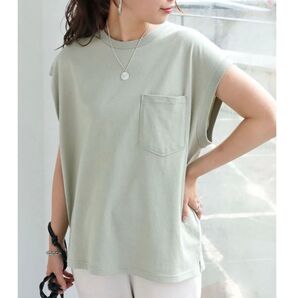 andme(アンドミー) USAコットンフレンチスリーブポケット付きTシャツ トップス グリーン 新品 半袖 Tシャツ 無地