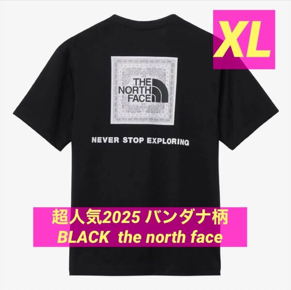 超人気2025 ザノースフェイスthe north faceバンダナ柄デザインのブラックT XL天然コットン100% スクエアロゴ