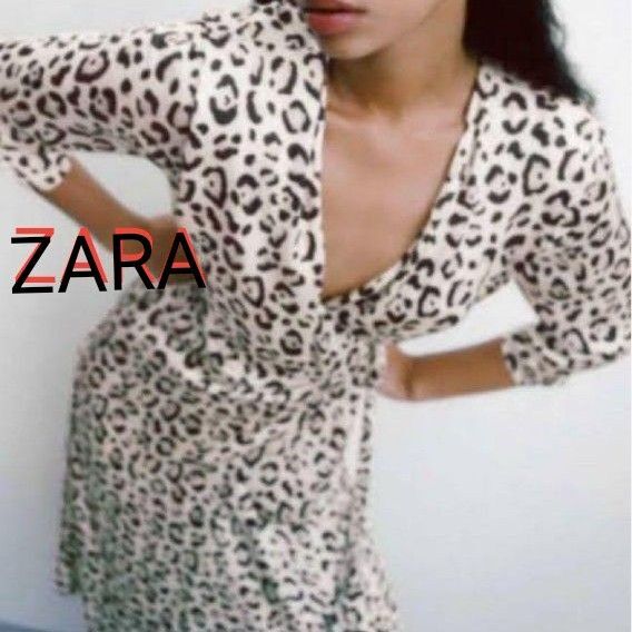 ●日曜限定価格●【ZARA☆ザラ】アニマル柄 カシュクール 巻きワンピース ラップワンピース風 M 光沢生地 ベージュゴールド