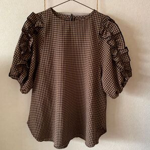 ブラウス ギンガムチェック フリル ブラウン