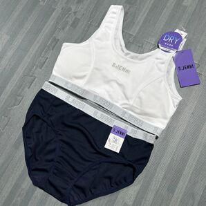 新品 S.JENNI ブラショーツset 160 ホワイト ネイビー 吸水速乾素材 ハーフトップ スポーツブラ