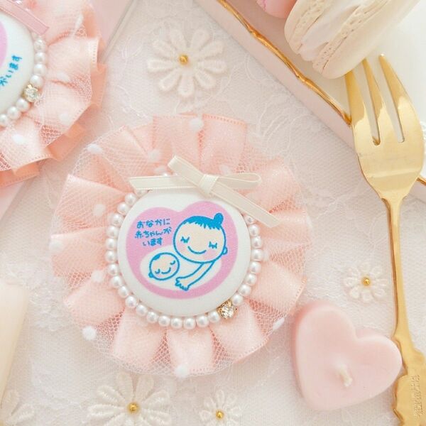ふわふわチュールマタニティロゼット《サテン アイボリー》マタニティマーク 両面マタニティマーク マタニティキーホルダー