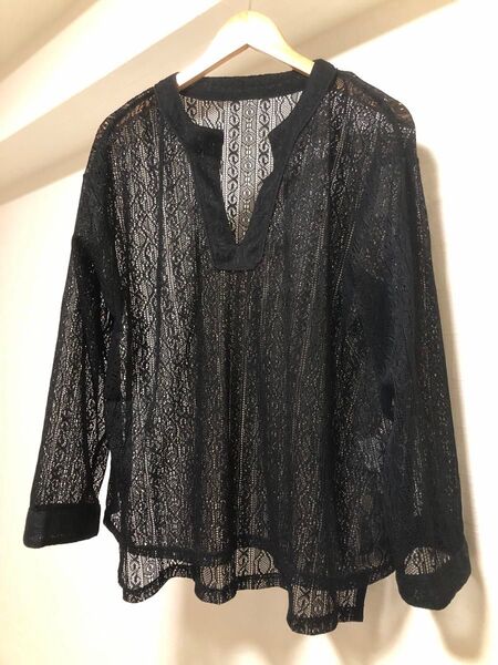 Reaje レース 透かし編み 長袖 LL ブラック ブラウス カットソー 速乾 チュニック レースプルオーバー トップス