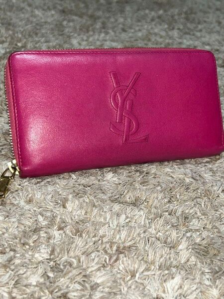 Yves Saint Laurent イヴサンローラン YSL 長財布 ラウンドファスナー ロゴ型押し ピンク ウォレット
