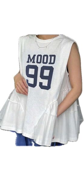 ノースリーブ フリル トップス MOOD 99 ロゴ ホワイト