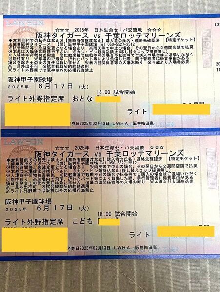6/17 阪神タイガースチケット(vs.ロッテ)大人1枚、子供1枚