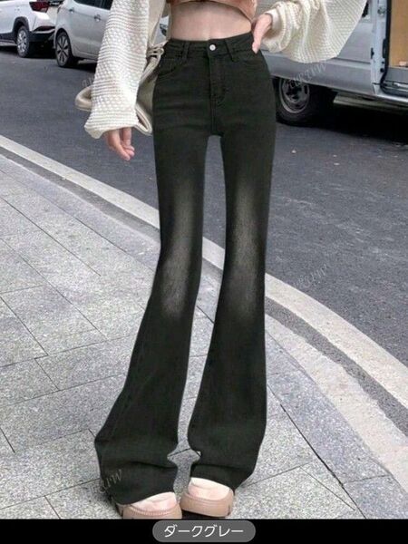 SHEIN フレアパンツ ブーツカット ジーンズ デニム パンツ ダークグレー XS