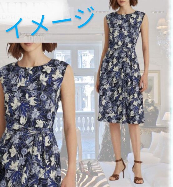オペークドットクリップ ワンピース Lサイズ 花柄 紺色 ノースリーブワンピース 楽なのにきれい