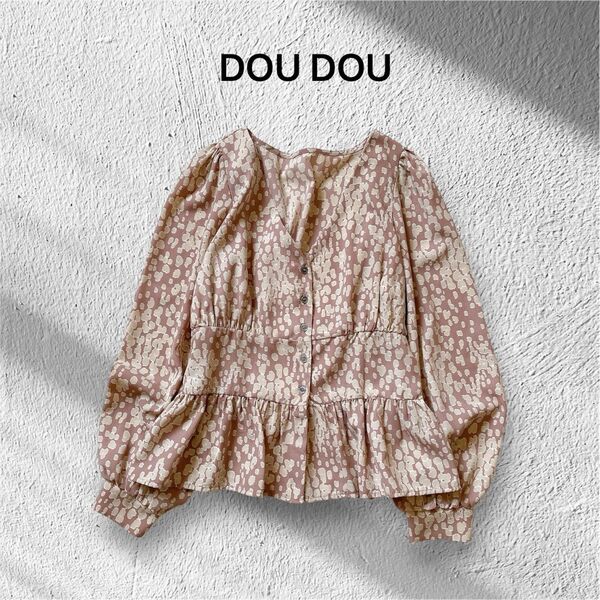 美品【ドゥドゥ】レディース長袖ブラウス ペプラムブラウス ドット柄Fサイズくすみカラー トップス