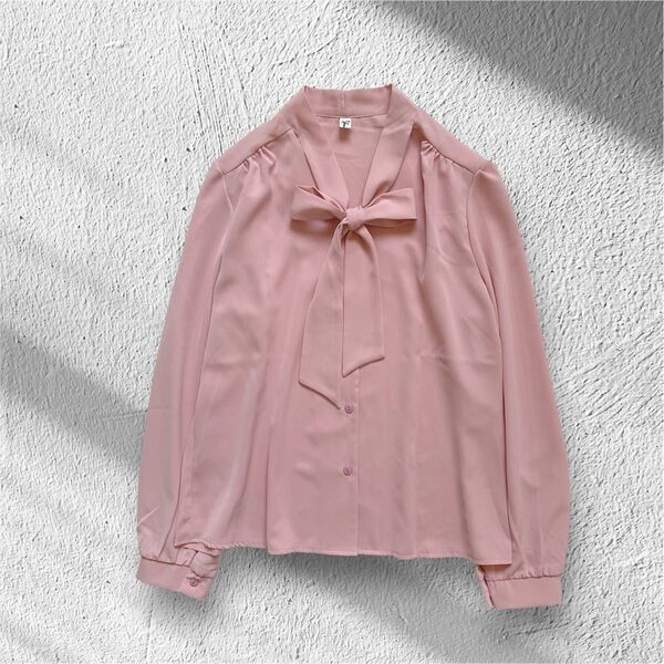 美品*レディース長袖ボウタイブラウス ピンク色 Fサイズ 通勤オフィススタイル
