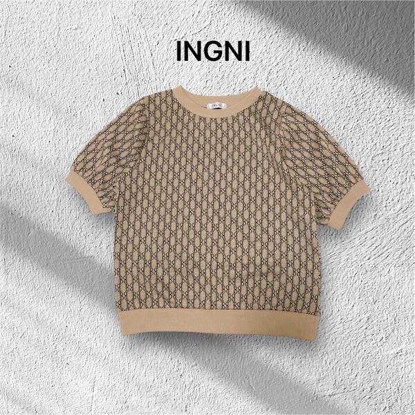 【INGNIイング】レディース半袖ニット セーター柄ベージュ Mサイズ